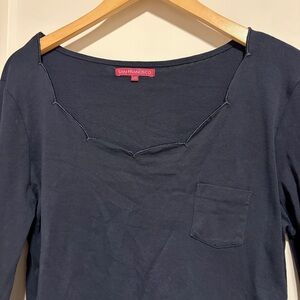 Navy Blue Top | Delicate Wavy Neckline 3/4 Sleeve | L - Elevated Basic